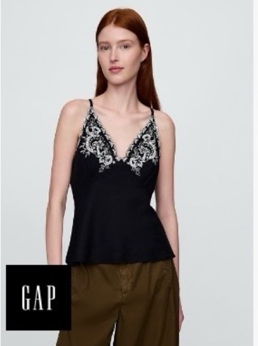 GAP Black Camisole with White Lace V-Neck